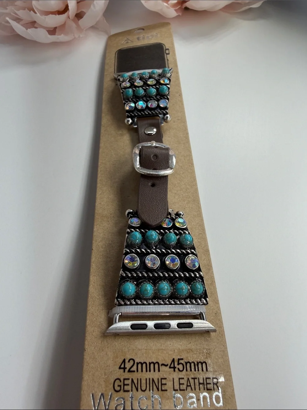 Brown Leather watch Band with Turquoise Beading 42mm~45mm